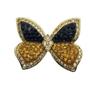 ROMAN JEWELRY 1980s GOLDTONE WITH BLACK & ORANGE CRYSTAL BUTTERFLY BROOCH